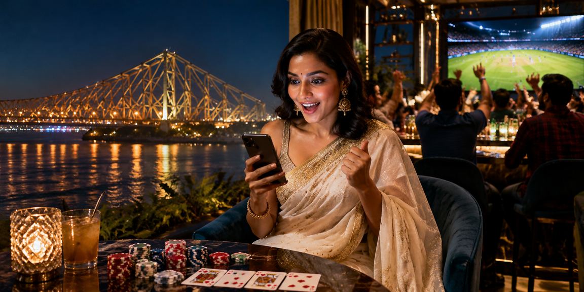 User browsing cricket betting on mobile near Howrah Bridge in Kolkata
